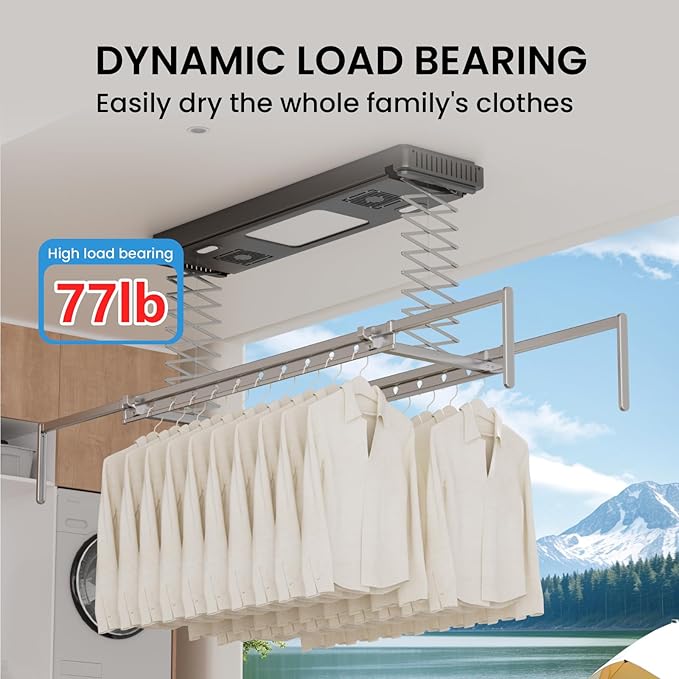 Ceiling Mounted Clothes Electric Ceiling Drying Rack 110V-120V, Ceiling Clothesline with Built-in Timer Heater,withDrying/Remote and Light 24W for Laundry/Indoors/Garage