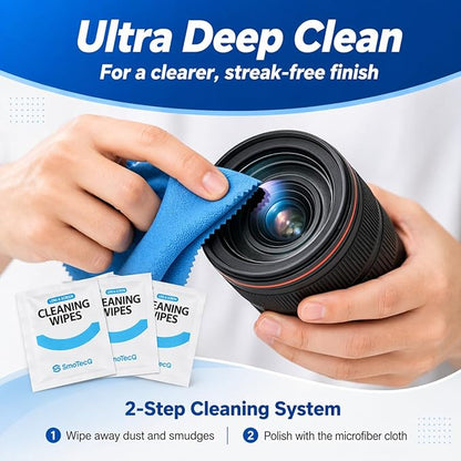 SmoTecQ Lens Wipes for Glasses, 180 Individually Wrapped Eyeglass Cleaning Wipes with 2 Microfiber Cloths for a Streak-Free Finish, Safe for Coated Lenses, Screens & Camera Lenses