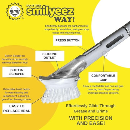 Smilyeez Soap Dispensing Dishwand (Light Blue) with Ergonomic Handle and 2 Interchangeable Brushes - Effortless Cleaning and Long-Lasting Durability - Kitchen and Dishwashing Essential