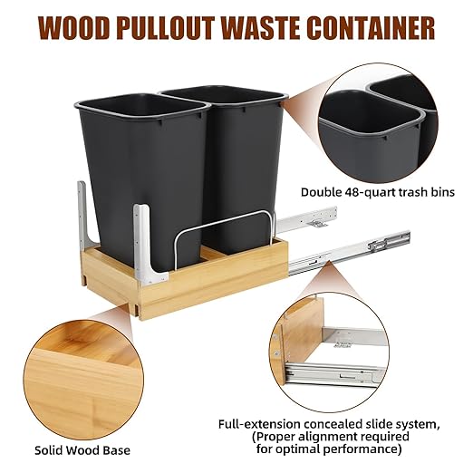 Double Pull Out Trash Can Under Cabinet, Extra Large Dual 48 Qt Bins with Wood Frame, Min Opening Width of 15.5" - Pull Out Garbage Can for Kitchen Cabinet with Soft-Close Slide Out Trash Can Cabinet