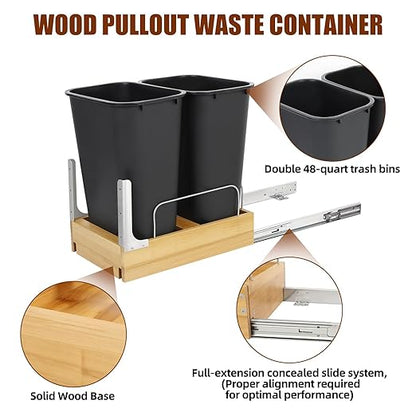 Double Pull Out Trash Can Under Cabinet, Extra Large Dual 48 Qt Bins with Wood Frame, Min Opening Width of 15.5" - Pull Out Garbage Can for Kitchen Cabinet with Soft-Close Slide Out Trash Can Cabinet