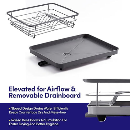Dish Drying Rack 3 Piece Dish Drainer with Drainboard Set for Kitchen Counter – Dish Rack with Removable Utensil Holder & Swivel Spout for Countertop – DishRack for Plates, Cups & More, Gray