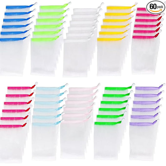 INVODA 60PCS Soap Net Bag 60 Pieces Double Layer Drawstring Soap Mesh Soft Bath Handmade Net for Facial Body Exfoliation Cleaning Tool (Random Color)