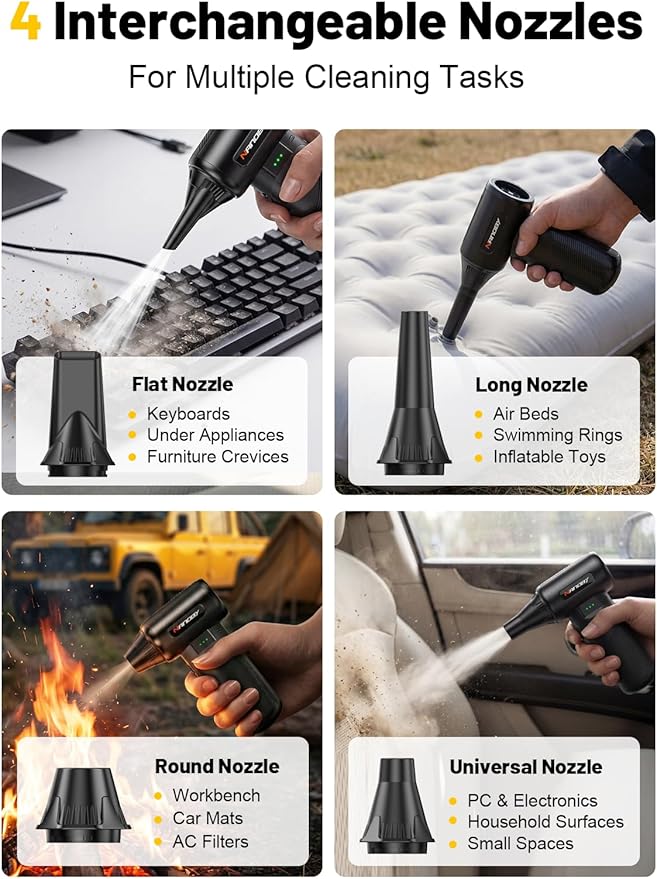 Electric Air Duster 130000RPM, Compressed Air Duster Cordless Rechargeable, 3-Speed Air Blower with 4 Nozzles, Keyboard Cleaner for PC Computer Electronics Car Cleaning