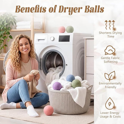 26 Pcs Wool Dryer Balls 2.5 Inch 4 Colors Laundry Balls for Dryer Reusable Natural Fabric Softener with Bags Reduce Wrinkles Static Drying Time Clothes Laundry