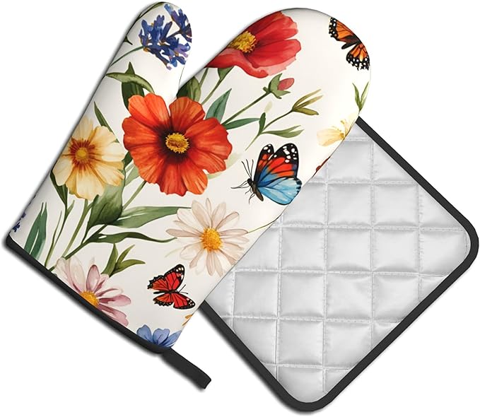Cute Oven Mitts and Pot Holders Sets Poppy Daisy Flowers Kitchen Gloves Lavender Butterfly Hot Pads 2 Pieces Set Spring Summer Floral Kitchen Decor and Accessories
