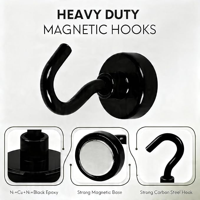Neosmuk Magnetic Hooks, Heavy Duty 30lb+ Strong Magnet Hook for Cruise Cabins, Cruise Ship Essentials for Hanging, Metal Wall Refrigerator Hangers (Black, 15 Pack)
