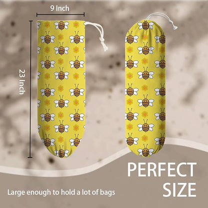 Bees Plastic Bag Holder, Hanging Shopping Bags Storage Carrier, Yellow Fabric Garbage Trash Bag Dispenser for Home Kitchen Pantry Cabinet, Wall Mount, Kitchen Housewarming Gifts for Women
