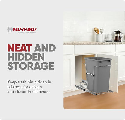 Rev-A-Shelf Single 35 Qt Pullout Trash Can for Base Kitchen Cabinets, Garbage Waste Bin System with Full Extension Slides, Min Opening Width of 11.5", Metallic Silver, RV-12KD-17C S