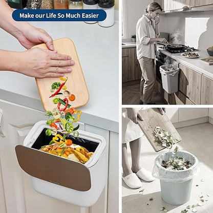 1.8 Gallon Kitchen Compost Bin for Counter Top or Under Sink, Hanging Small Trash Can with Lid for Cupboard/Bathroom/Bedroom/Office/Camping, Mountable Indoor Compost Bucket - White