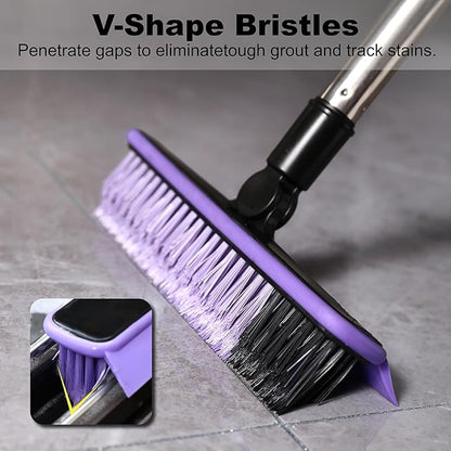 Grout Cleaner Brush with Long Handle, V-Shaped Floor Scrub Brush Swivel Grout Brush Stiff Bristle Floor Grout Scrubber for Bathroom, Tile Line, Crevice, Kitchen, Wall, Deck, Garage (Purple)