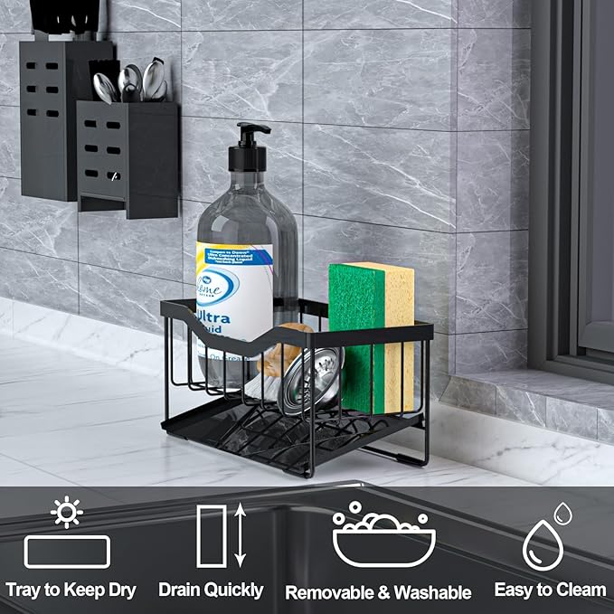 Vanwood Sponge Holder for Kitchen Sink with Auto Draining Tray, Sink Caddy Kitchen Sink Cocina Organizer, Self Drain Dish Soap Sponge Caddy for Counter | Kitchen Sink