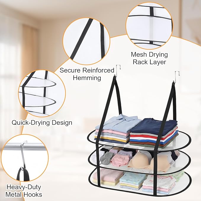 2 Pcs 3 Tier Folding Mesh Clothes Drying Rack, Hanging Sweater Drying Rack Over The Door Folding Drying Rack Large Foldable Flat Dry Hanger for Apartments Dorms Bathrooms