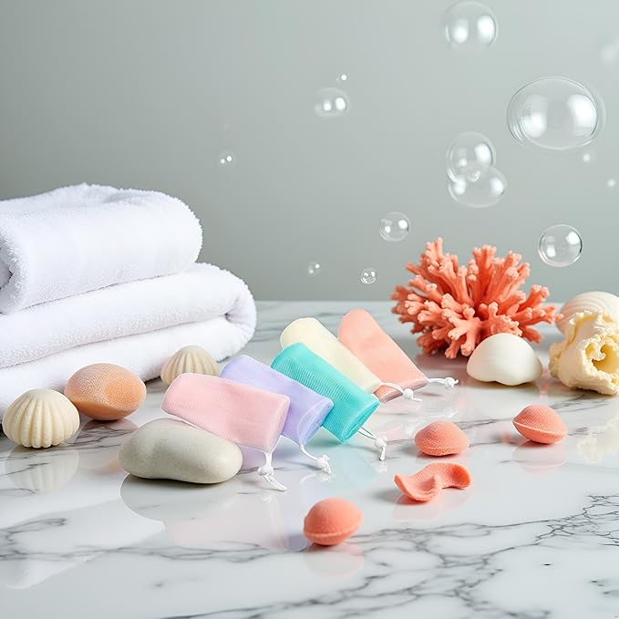 5Pcs Exfoliating Mesh Soap Pouch Bubble Foam Net Bag for Shower, Saver Pouch Drawstring Foaming Net Soap Bag for Body Facial Cleaning Tool, 5 Colors Used Repeatedly Net Soap Bag