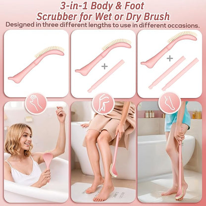 New Foot Brush & Foot File Set(2PCS), 3-in-1 Foot Scrubber in Shower, 10.2’’-27.5’’Adjustable Long Handle Foot Scrub Brush and Upgrade Foot File Callus Remover, Gift-Box Packed(Pink Set)