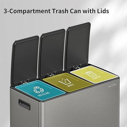 mVm 3 Compartment Trash Can, 3x4Gal Triple Step Trash Can with Double Layer Lids, Modern Kitchen Office Garbage Can（Gray）