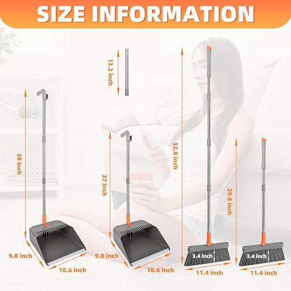 Broom and Dustpan Set, 51 inch Long Adjustable Handle Angle Broom and Dustpan Combo Set with Double Dustpan Teeth to Clean Hair for Home Kitchen Office Lobby Floor Garden, Orange&Grey