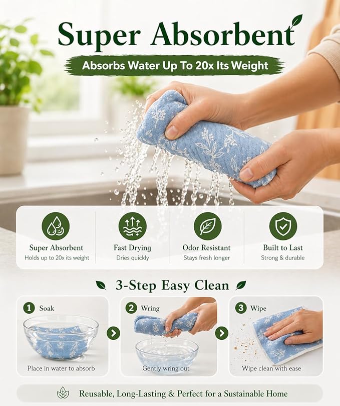 10 PCS Leaf Print Swedish Dishcloths for Kitchen 100% Biodegradable Reusable Cellulose Sponge Cloths Ultra Absorbent, Eco-Friendly Cleaning Towels Dishcloths for Washing Dishes & General Cleaning