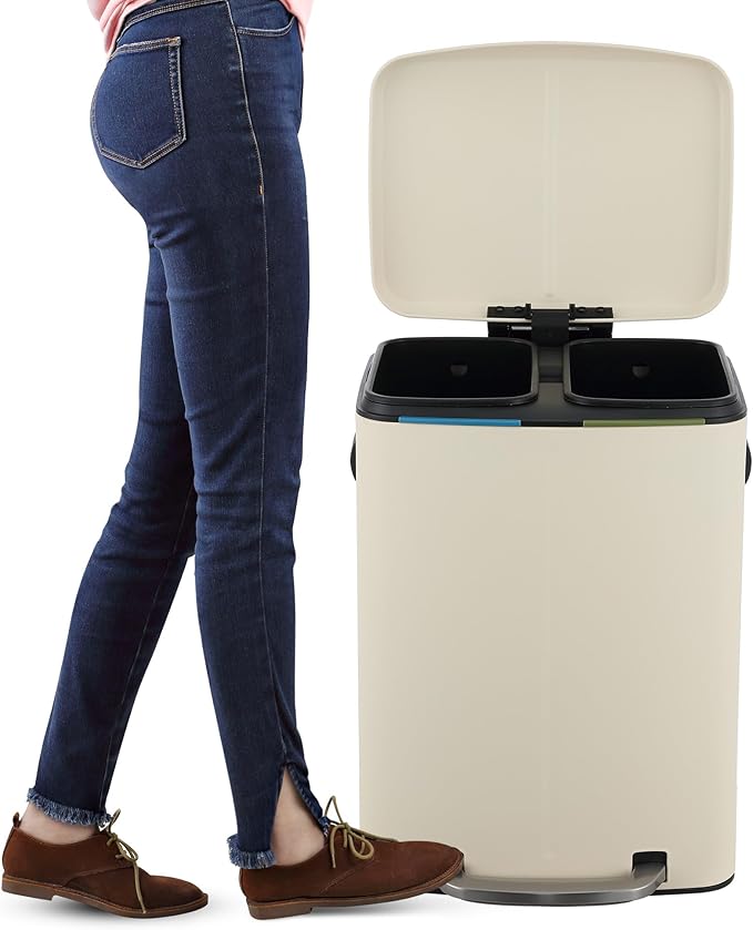happimess HPM1005F Marco Rectangular 10.6-Gallon Double Bucket Trash Can with Soft-Close Lid, Limestone Beige, Fingerprint Resistant, Modern, Minimalistic for Home, Kitchen, Office, Bedroom, Bathroom