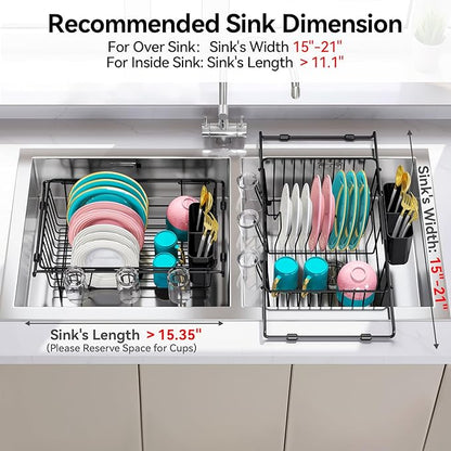 Urackify Dish Drying Rack in Sink, Stainless Steel Expandable Over the Sink Dish Rack with Utensil Holder & Cup Holder, Kitchen Drying Rack for Inside Sink, 15.35" x 11.02" x 4.84", Black
