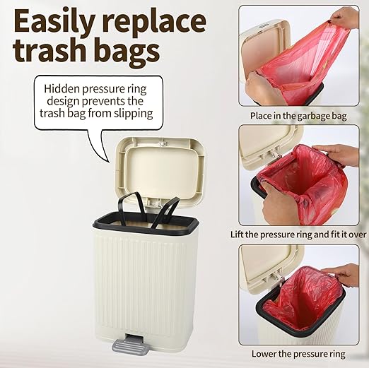 2.1 Gallon Small Trash Can with Lid, 2 Opening Ways (Press Top & Foot Pedal) Soft Close Slim Waste Bin + 75 Trash Bags Included, for Bathroom, Office, Bedroom & Kitchen - Cream