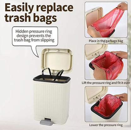 2.1 Gallon Small Trash Can with Lid, 2 Opening Ways (Press Top & Foot Pedal) Soft Close Slim Waste Bin + 75 Trash Bags Included, for Bathroom, Office, Bedroom & Kitchen - Cream