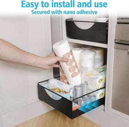 Under Sink Pull Out Organizer, Single-Tier Metal Drawer Slide Out Storage Shelf, No-Drill Nano Adhesive Installation, Fits 16"+ Deep Cabinets for Kitchen Bathroom Pantry Storage