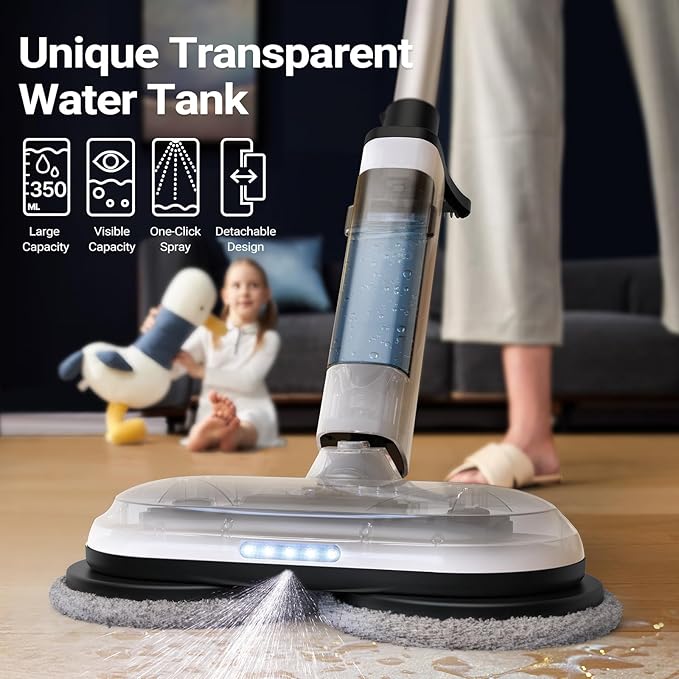 iDOO Electric Cordless Spin Mop, Electric Mops for All Floor with Sprayer & LED Headlight, Quiet Self Propelled, Water Tank 4 Replaceable Heads, for Women