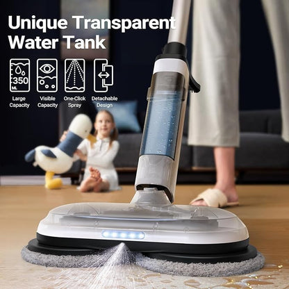 iDOO Electric Cordless Spin Mop, Electric Mops for All Floor with Sprayer & LED Headlight, Quiet Self Propelled, Water Tank 4 Replaceable Heads, for Women