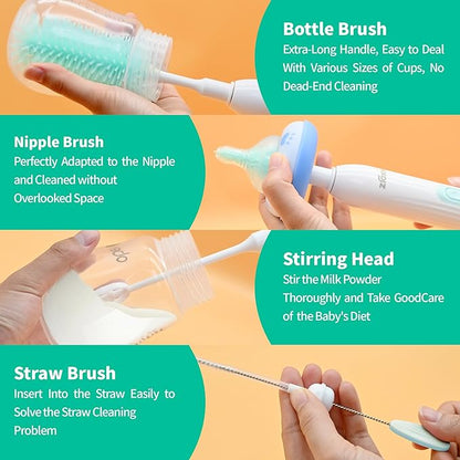 Electric Bottle Brush Cleaner New Upgrade, Portable Electric Baby Bottle Brush Cleaner for Travel, Travel Bottle Cleaner Kit with Nipple & Straw Brush, Perfect Mom Essentials After Birth Gift, Green