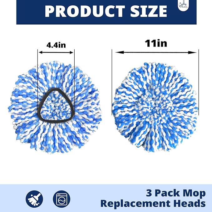 Mop Head Replacement, 3 Pack Spin Mop Refill Replace Head for Rinseclean 2-Tank System, Microfiber & Machine Washable