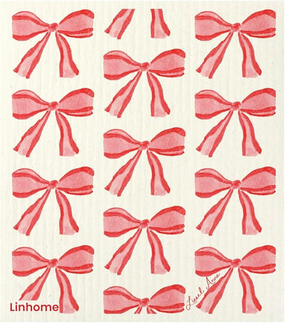 Holiday Swedish Dishcloth, Reusable Paper Towel, Super Absorbent Cellulose Sponge, Washable Kitchen Cleaning Cloth (Red Ribbons - Christmas & Valentine’s - 1 Pack)