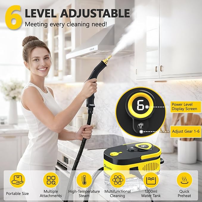 Steam Cleaner, Portable Steamer for Cleaning with 15pcs Accessories, 15s Heat-Up, 6-Level Adjustable, Handheld Steam Cleaner for Home for Tile, Grease, Dirt, Corners, Exterior Car Wash,