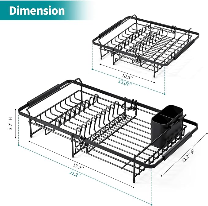 Urackify Dish Drying Rack in Sink - Stainless Steel Expandable (14.5''-18''L) Over The Sink Dish Rack with Utensil Holder, Space-Saving Dish Drainer for Kitchen Counter, Silver
