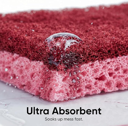 Non-Scratch Cellulose Sponge Kitchen Scrub Sponge with Scouring Pad Set, Good for Non-Stick Cookware Frying Pan, Pot, Counter Top, Sink Scrubbing, Kitchen Scrubbers, Pack of 1, Red/Pink