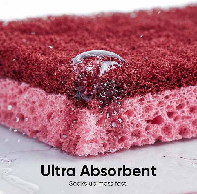 Non-Scratch Cellulose Sponge Kitchen Scrub Sponge with Scouring Pad Set, Good for Non-Stick Cookware Frying Pan, Pot, Counter Top, Sink Scrubbing, Kitchen Scrubbers, Pack of 2, (Red/Pink)