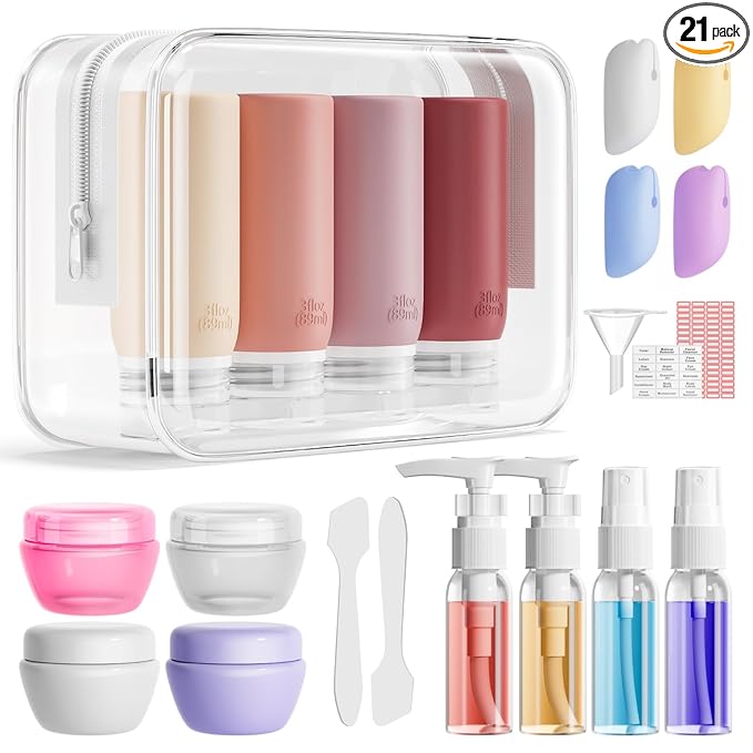 Muslish 21 Pack Travel Bottles for Toiletries, Leak-Proof TSA Compliant Silicone Travel Size Containers for Shampoo and Conditioner, BPA Free with Toiletry Bag (Cream)