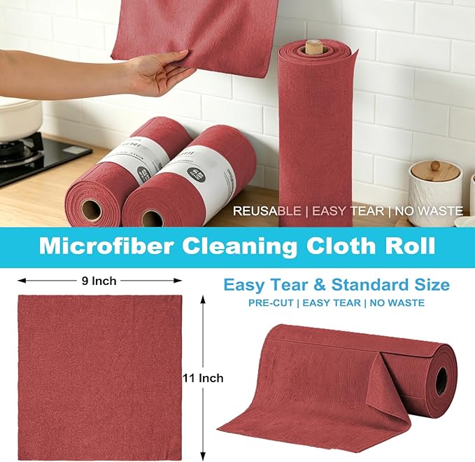 Puomue 55 Pack Microfiber Cleaning Cloth Roll, Tear Away Reusable Towels, 11" X 9", Ultra Absorbent & Lint Free Microfiber Cloth for Cleaning, Kitchen, Window, and Shop (Burgundy Red, 9”X11”-55PK)