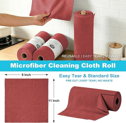 Puomue 55 Pack Microfiber Cleaning Cloth Roll, Tear Away Reusable Towels, 11" X 9", Ultra Absorbent & Lint Free Microfiber Cloth for Cleaning, Kitchen, Window, and Shop (Burgundy Red, 9”X11”-55PK)