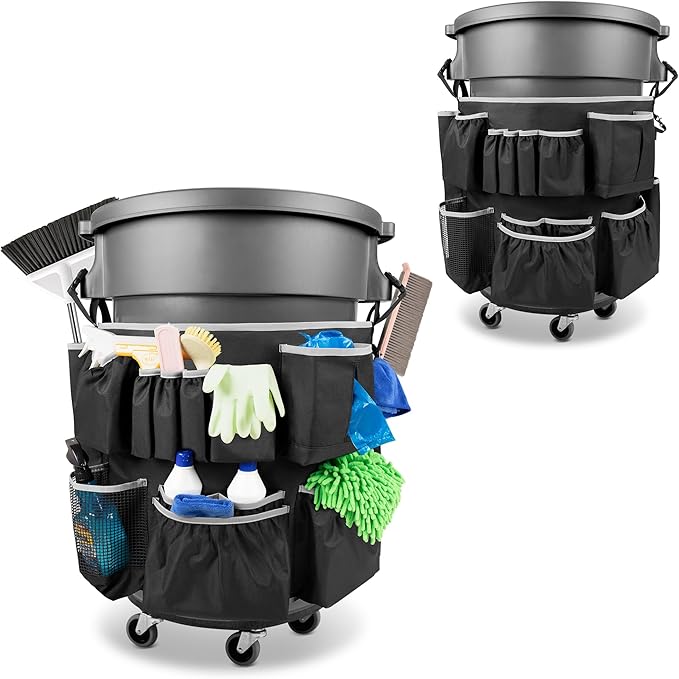HODRANT Trash Can Caddy Bag Fit 32-55 Gallon Garbage Bin, Cleaning Caddy Bag with Adjustable Buckle for Industrial Trash Can, 13 Pockets Cleaning Tool Organizer for Cleaning Supplies, Gray Edge