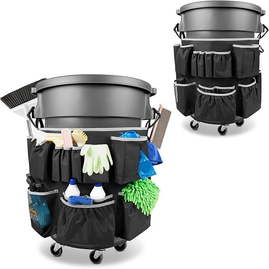 HODRANT Trash Can Caddy Bag Fit 32-55 Gallon Garbage Bin, Cleaning Caddy Bag with Adjustable Buckle for Industrial Trash Can, 13 Pockets Cleaning Tool Organizer for Cleaning Supplies, Gray Edge