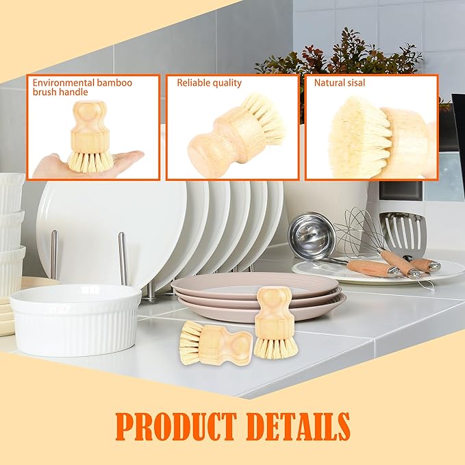 24 Pack Bamboo Dish Scrub Brushes Set Kitchen Brushes Scrubber Pot Pans Cleaning Sisal Bristles Wooden Brushes for Iron Pot Dishwashing Sink Vegetables