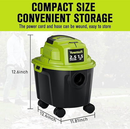 YWDV25B 2.5 Gallon Small Shop Vac 1.5 Peak HP Mini Wet Dry Vac with Blowing Function, 15Ft of Cleaning Reach, 3 in 1 Portable Compact Shop Vacuum for Hose and Attachments for Home Floor/Car/Garage