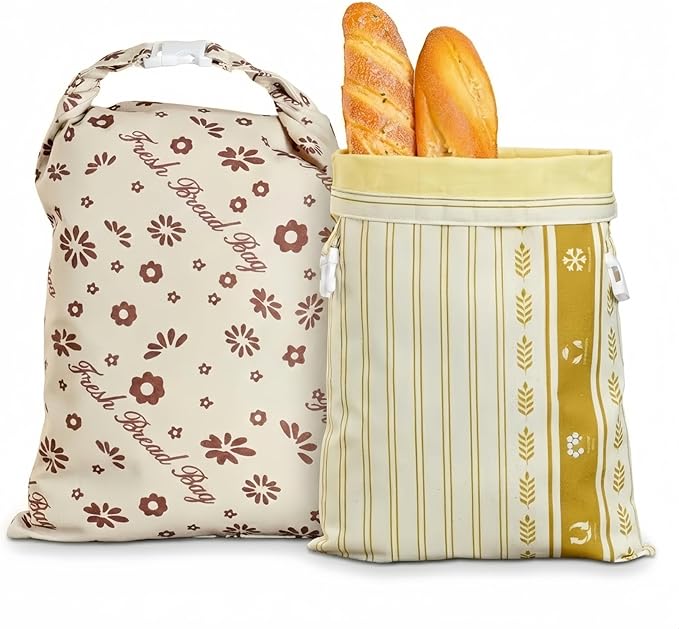 Beeswax Bread Bags, Reusable Food Storage Wraps with Floral and Bee Print Design, 2 Pack (wheat)