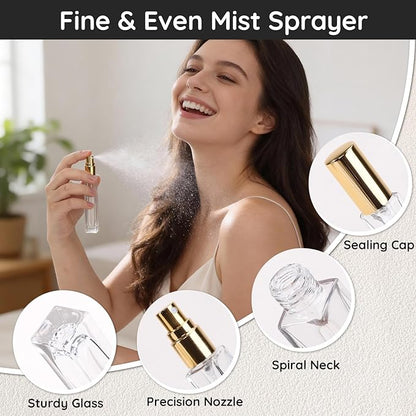 Segbeauty 0.34oz Clear Glass Fine Mist Sprayer for Perfume Refill, 10pcs Mini Empty Glass Perfume Spray Bottle with Gold Cap, 10ml Refillable Travel Cologne Bottles, Small Liquid Cologne Atomizer Set