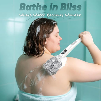 Electric Body Brush Back Scrubber for Shower, Waterproof Long Handle Power Body Scrubber with 3 Heads & 2 Speeds, Rechargeable Bath Brush for Cleansing, Exfoliating, Massaging and Foot Callus Remover