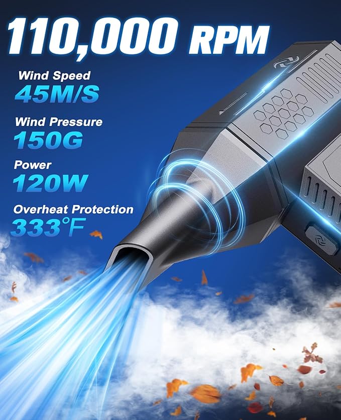 Electric Air Duster 3 Gear Adjustable & Rechargeable Outdoor Mini Turbo Snow Blower Cordless 110000 RPM Super Power Turbo Violent Fan Hand Air Dust Blower for Computer Keyboard House Cleaning