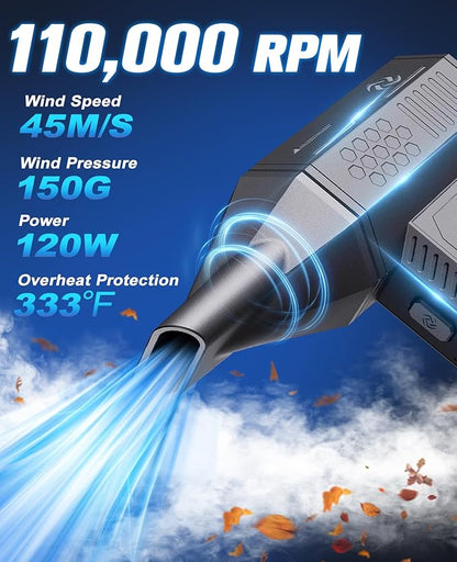 Electric Air Duster 3 Gear Adjustable & Rechargeable Outdoor Mini Turbo Snow Blower Cordless 110000 RPM Super Power Turbo Violent Fan Hand Air Dust Blower for Computer Keyboard House Cleaning