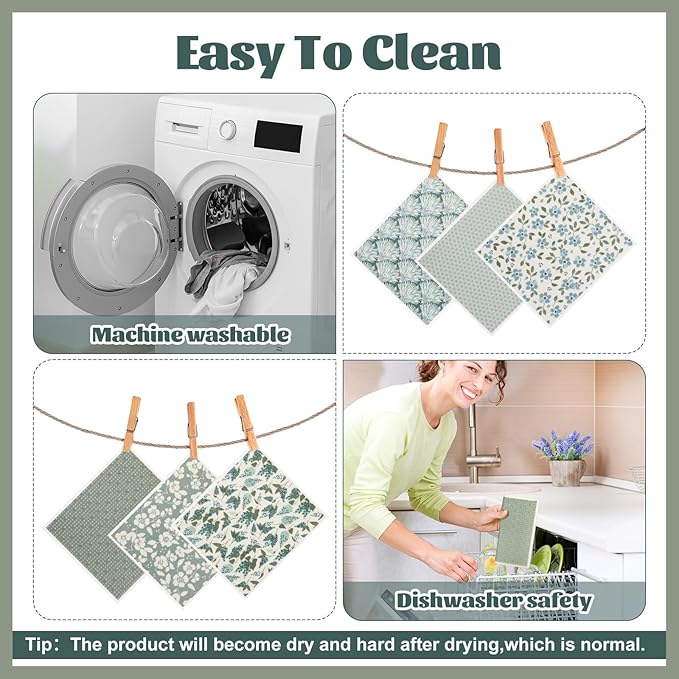 Green Swedish Dishcloths for Kitchen, 6 PCS Swedish Dish Cloths, 7.5 x 6.7 Inch Super Absorbent Washable Reusable Floral Cloths Dish Towel, No Odor Cellulose Sponge (Light-Green)