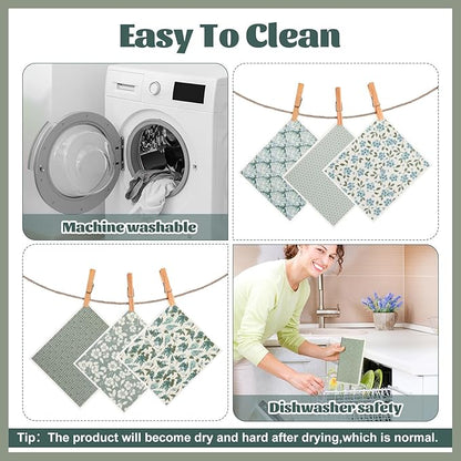Green Swedish Dishcloths for Kitchen, 6 PCS Swedish Dish Cloths, 7.5 x 6.7 Inch Super Absorbent Washable Reusable Floral Cloths Dish Towel, No Odor Cellulose Sponge (Light-Green)